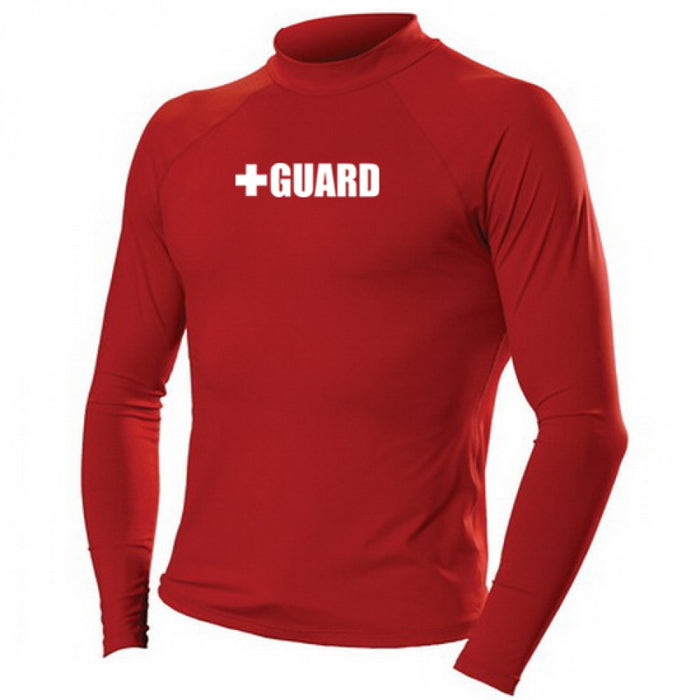 men's red lifeguard rashguard top, swimwear, swim gear