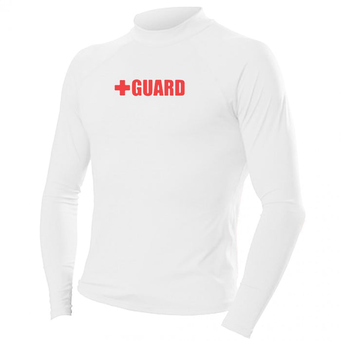 men's white lifeguard swim gear, rashguard, tops