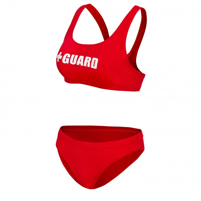 women's lifeguard swimsuit wide straps, red 2pc lifeguard bathing suit, women's lifeguard swimwear two piece
