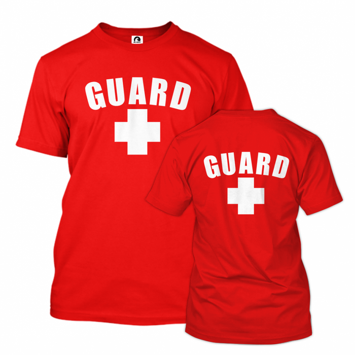 men's red lifeguard t-shirt front and back logo, lifeguard shirt, lifeguard attire, lifeguard apparel, lifeguard outfits, men's lifeguard apparel