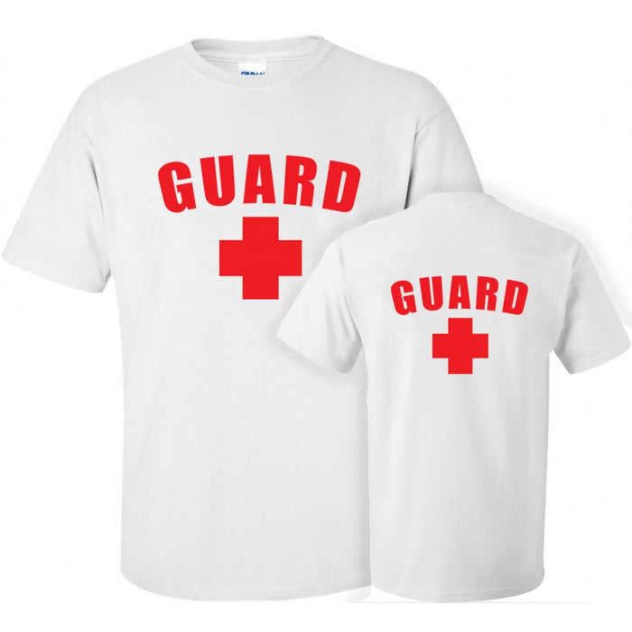 men's red lifeguard t-shirt front and back logo, lifeguard shirt, lifeguard attire, lifeguard apparel, lifeguard outfits, men's lifeguard apparel