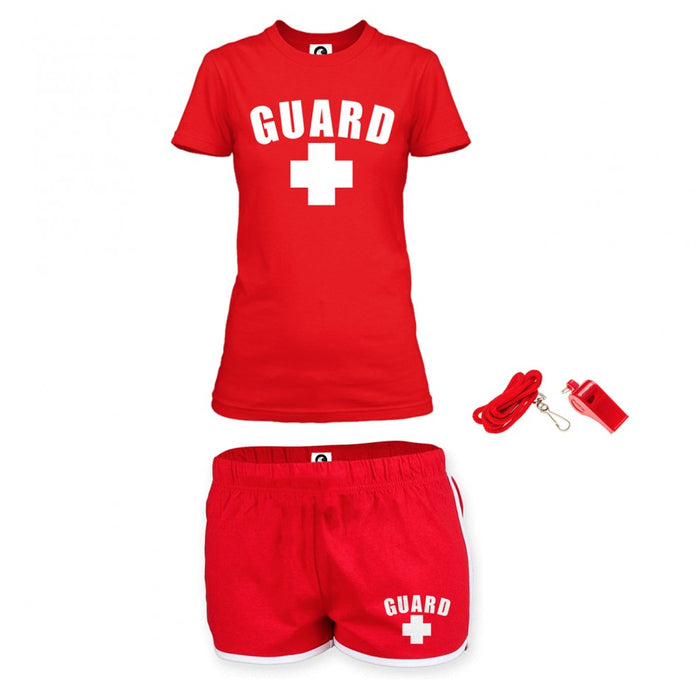 red women's t-shirt lifeguard costume, lifeguard outfits, lifeguard apparel, lifeguard clothing, lifeguard attire, halloween lifeguard costume